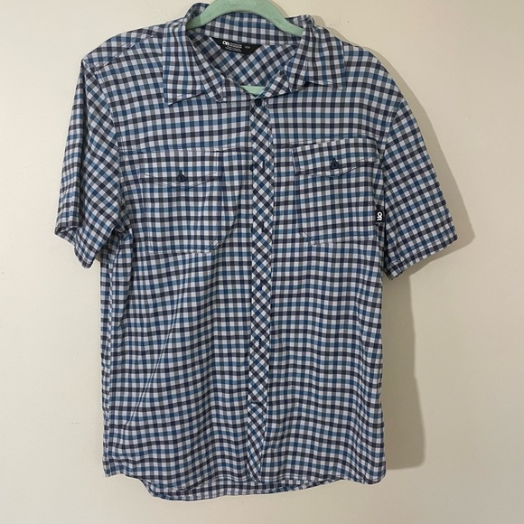 Outdoor Research Blue Gingham Plaid Short Sleeve Button Down Shirt M‎ Hiking EUC - Picture 1 of 5
